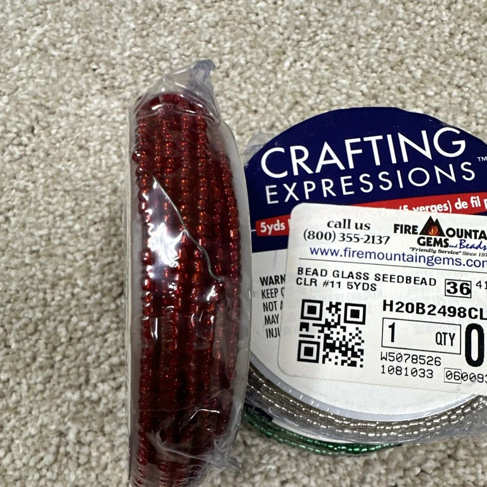 Crafting Expressions Glass Seed bead 5 Yds Spools Silver Green Red